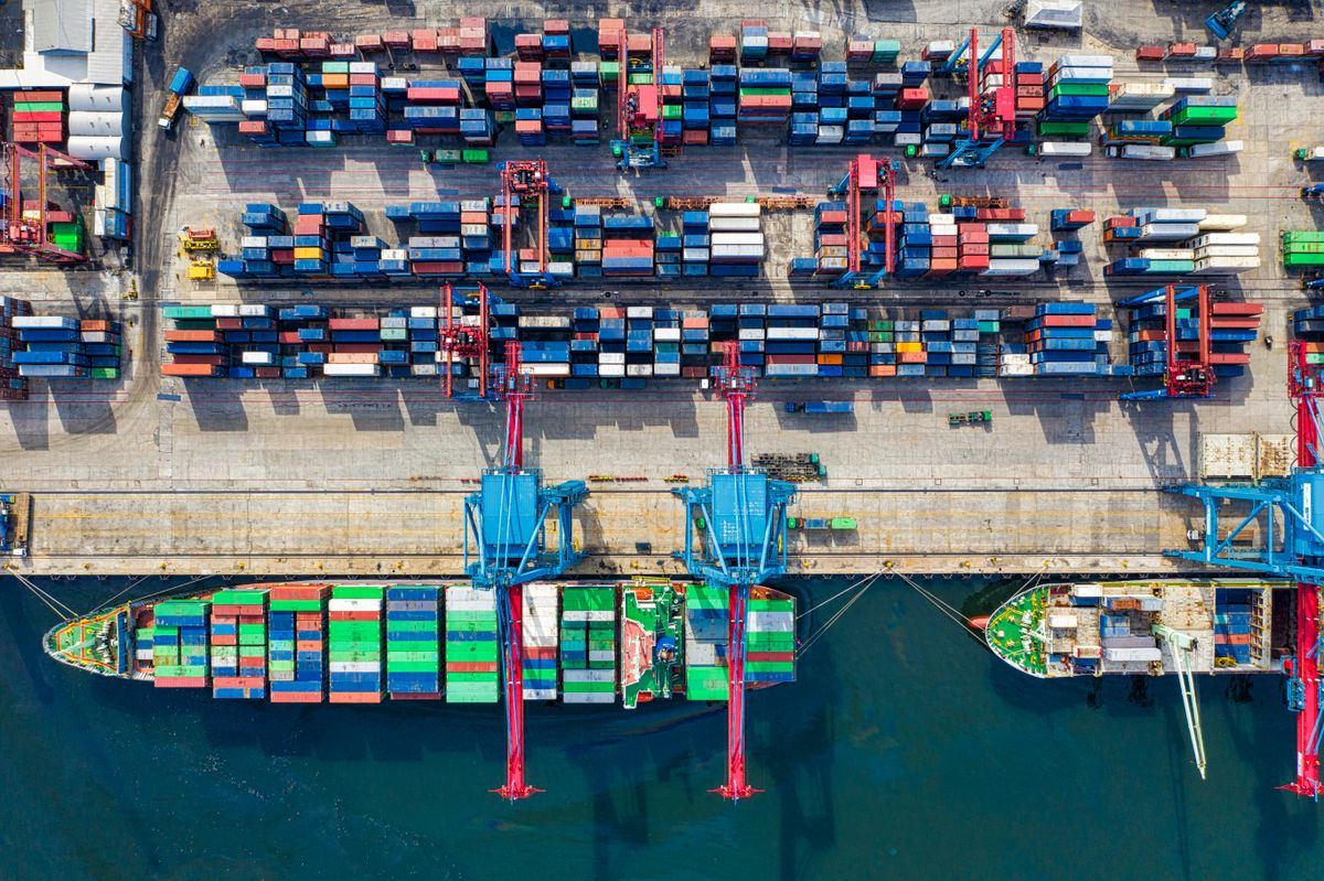 Container terminal at dusk